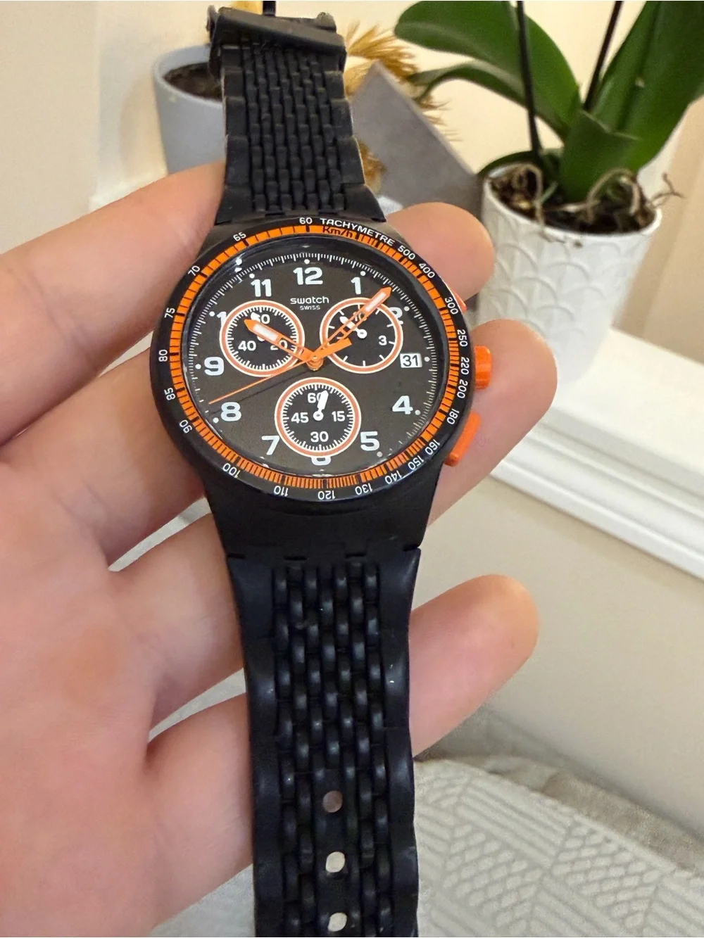 Swatch Nerolino Chronograph SUSB408 Black Orange 4 Jewels Swiss Made Watch Run